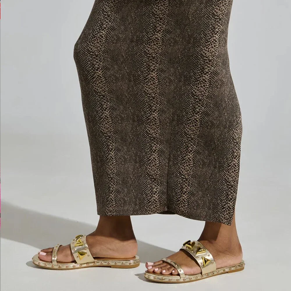 Azelea Wang Rylie Gold Embellished Slip On Vegan Leather Sandal
